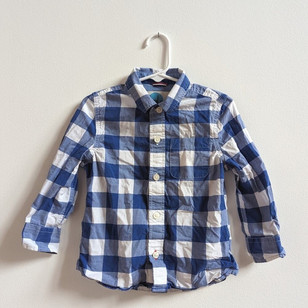 Boden Button Down Boys Sz 2-3Y Blue Gingham Long Sleeve Preppy
